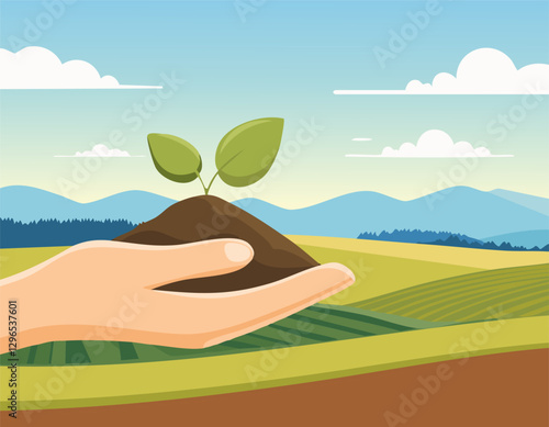 The fertile soil in the hands is suitable for cultivation.