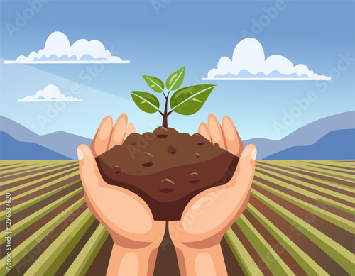 The fertile soil in the hands is suitable for cultivation.