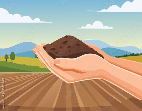 The fertile soil in the hands is suitable for cultivation.