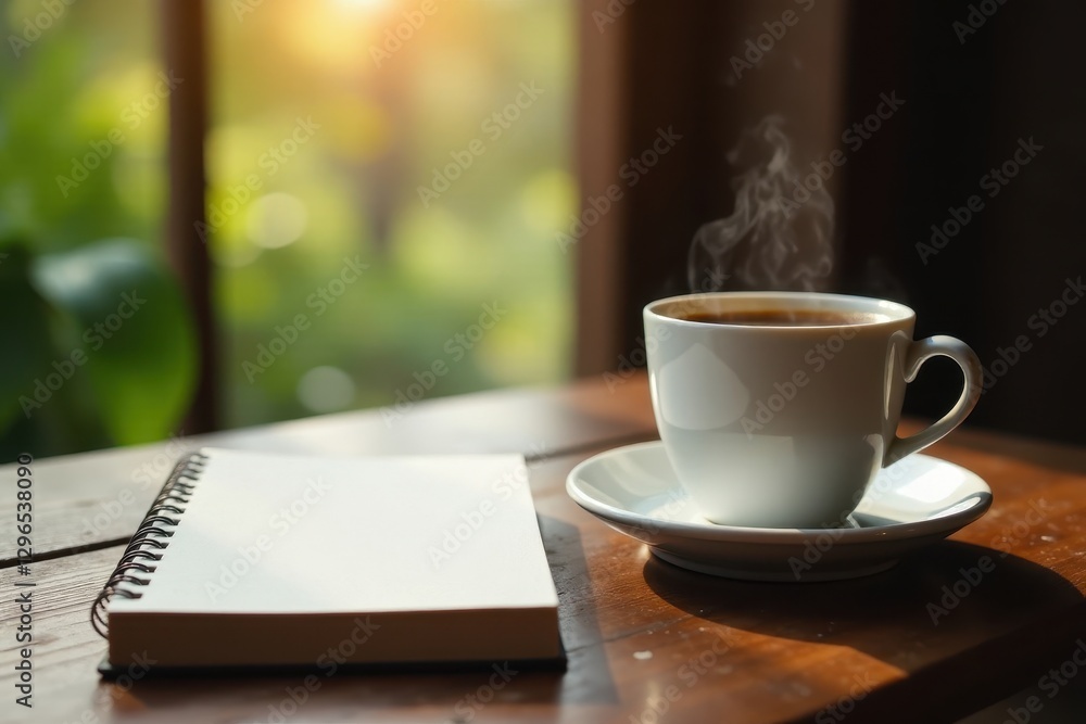 Steaming coffee & closed travel journal on wood table, serene scene, calm, holiday, journal Steaming coffee & closed travel journal on wood table, serene scene, calm, holiday, journal