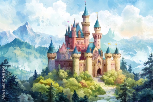 Wallpaper Mural Fairytale castle standing in a green valley with mountains in the background Torontodigital.ca