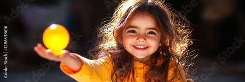 High-contrast close-up focusing on a young Indian girlâ€™s delighted expression as she tosses a photo