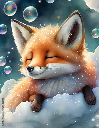 Firefly Watercolor baby fox sleeping on a white cloud, soap bubbles background. Cute funny character. Foxy Animal art. Watercolor illustration. Generative AI