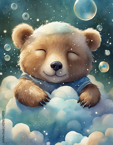 Firefly Watercolor baby Bear sleeping on a white cloud, soap bubbles background. Cute funny character. Animal art. Watercolor illustration. Generative AI