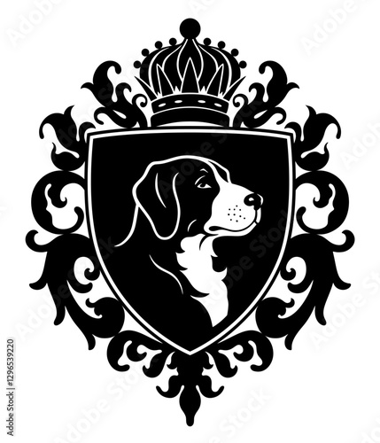 Vector black and white heraldic emblem with dog portrait in center of the shield. Can be use for pets theme.