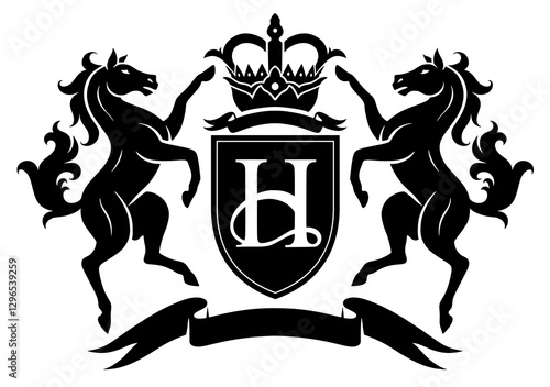 Vector black and white heraldic crest with two standing horses and crown. 