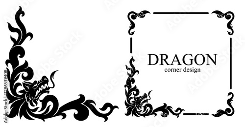 Dragon corner design with ornament. Vector black and white ornamental dragon design element. Decorative corner design