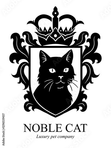 Vector black and white heraldic emblem with cat portrait and crown. Can be use for pets theme.