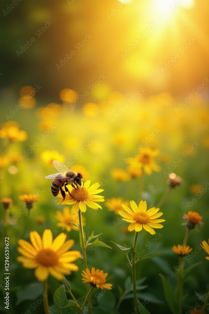 Sun-drenched meadow, honeybees collecting nectar , nectar, detail, sunshine Sun-drenched meadow, honeybees collecting nectar , nectar, detail, sunshine