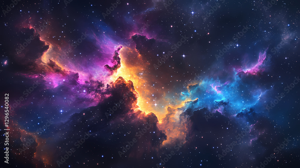 Fototapeta premium A stunning cosmic dragon shape emerges from colorful nebula clouds, surrounded by stars and galaxies in deep space. Nebula Dragon Formation. Illustration