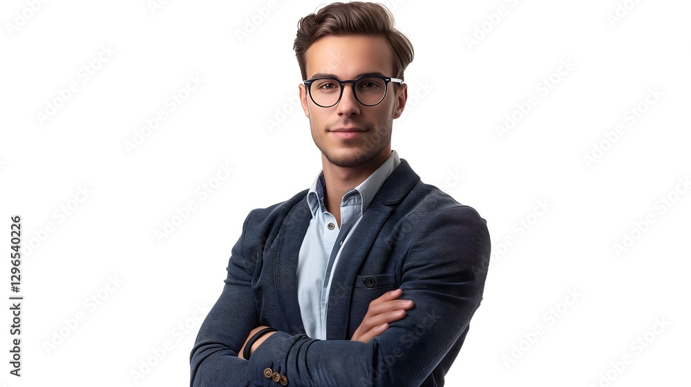 portrait of a confident 25 year old Caucasian young businessman, CEO, boss, bank employee, or manager standing with his arms crossed. He is wearing formal business attire, including a tailored blazer portrait of a confident 25 year old Caucasian young businessman, CEO, boss, bank employee, or manager standing with his arms crossed. He is wearing formal business attire, including a tailored blazer