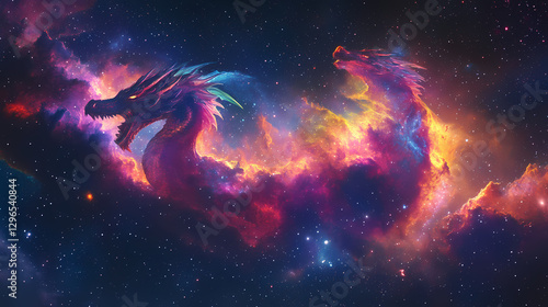 Colorful dragon shaped nebula floats majestically across starry void. Nebula Dragon Formation. Illustration