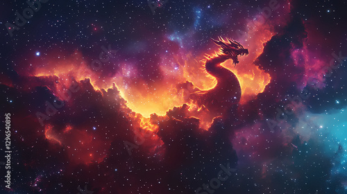 Colorful dragon shaped nebula floats majestically across starry void. Nebula Dragon Formation. Illustration