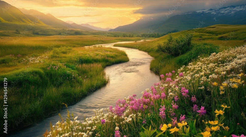 Obraz premium Golden Hour River: A scenic panorama captures a winding river flowing through a vibrant valley, awash in the warm hues of sunset. 