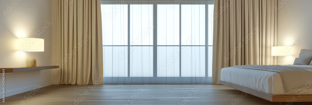 Fototapeta premium Modern bedroom interior with large window and soft lighting during daylight hours