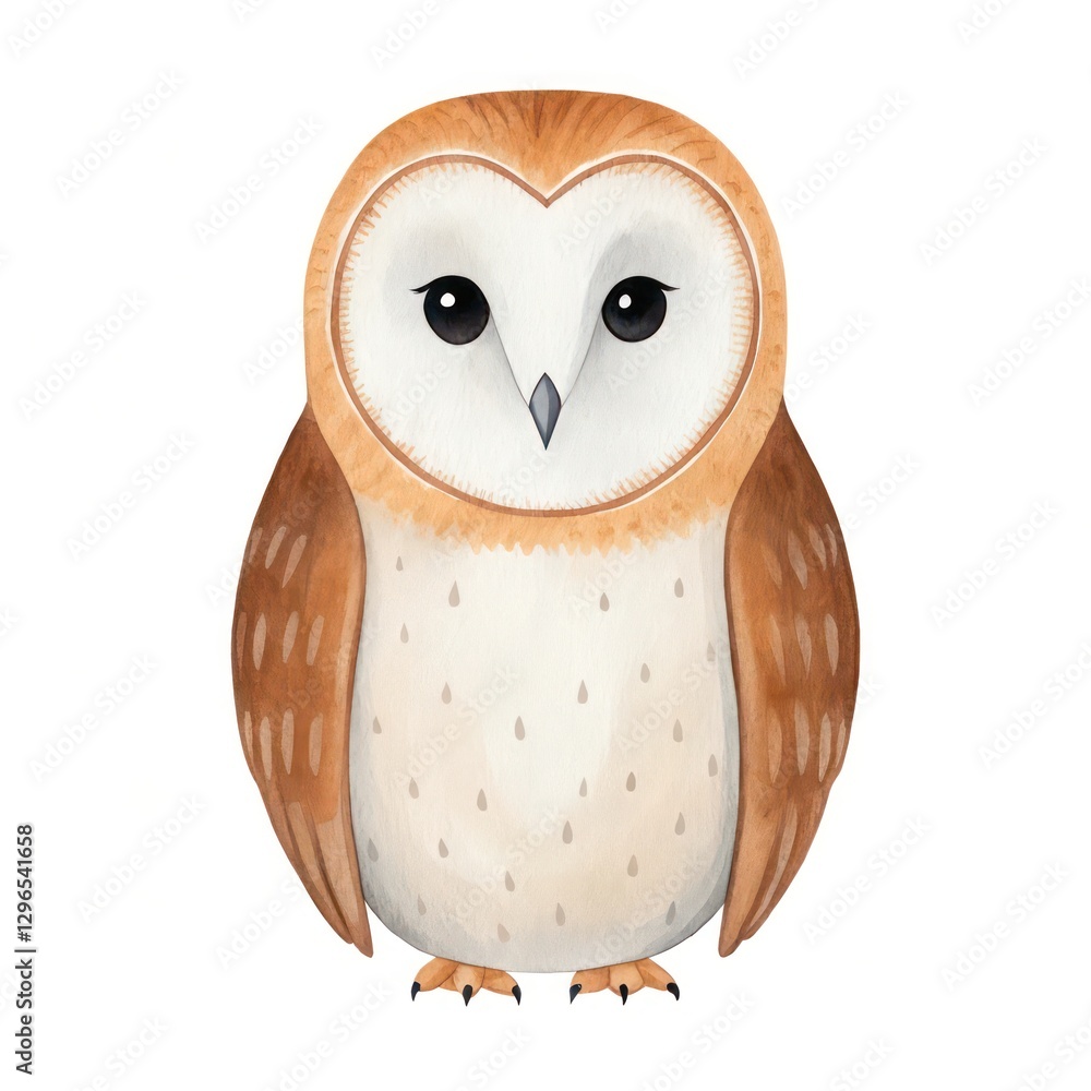 Obraz premium a cute barn owl illustration, standing gracefully against a plain background. The owl has big, round eyes and soft feathers