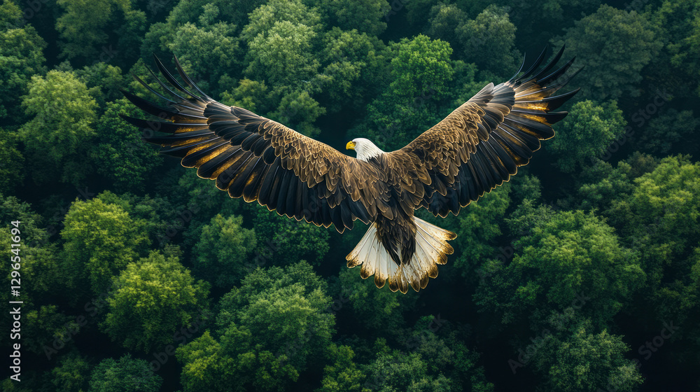 Fototapeta premium A lone eagle soaring high above a vast expanse of virgin forest, symbolizing the untamed spirit of