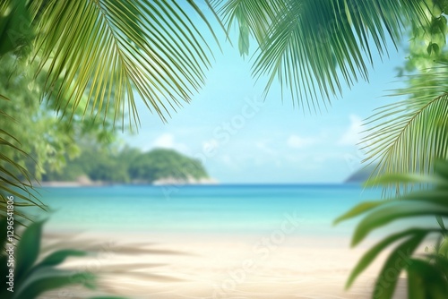Wallpaper Mural Tropical beach background with palm leaves and sand, a banner for a summer vacation concept. Shallow depth of field with blurred seawater in the foreground and an island on the horizon. Bright, sunny  Torontodigital.ca