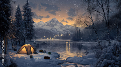 Winter Camping Scene with Tent and Snowy Landscape photo