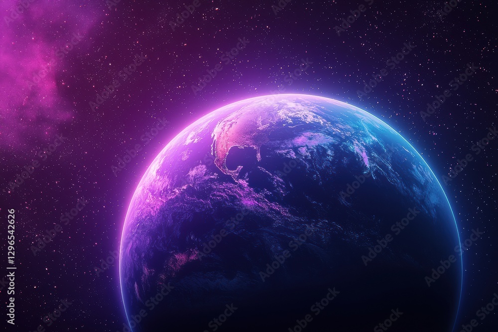 Fototapeta premium Planet earth glowing with purple and blue light in space with stars
