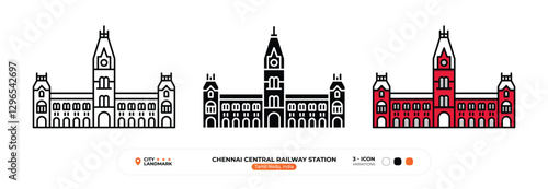 Chennai Central Railway Station Line Icon. Tamil Nadu, India, Color Symbol, Silhouette, Editable Stroke.
