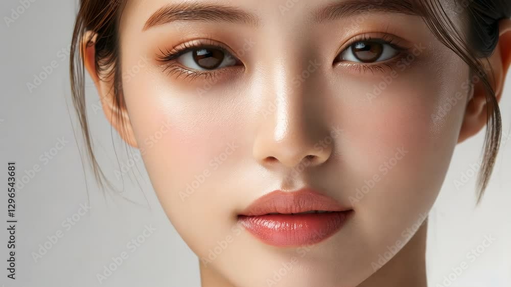 A close-up portrait of a woman with flawless skin, soft makeup, and natural lighting highlighting her facial features A close-up portrait of a woman with flawless skin, soft makeup, and natural lighting highlighting her facial features