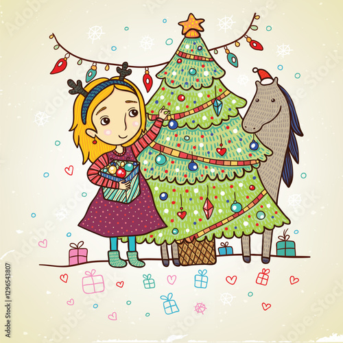 Christmas Girl Decorating Tree Hand-Drawn Holiday Illustration