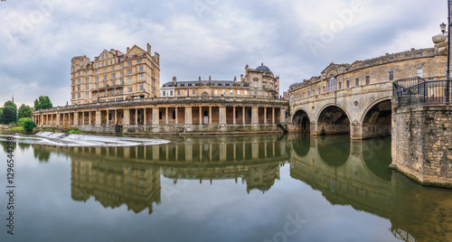 Morning scenery of Pulteney weir at River Avon in city of Bath, Somerset. England