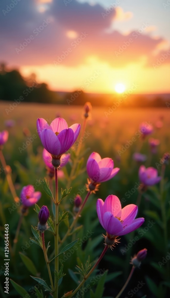 Fototapeta premium Violet and pink wildflowers bloom at sunset in a picturesque meadow , nature, meadow