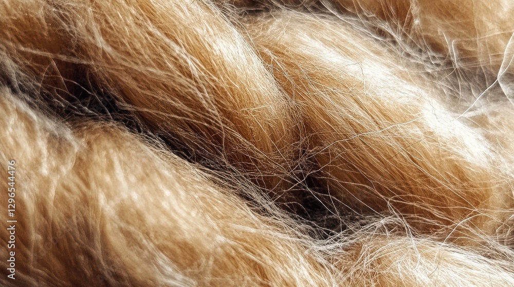 Fototapeta premium This image captures a close-up of plush golden fabric, revealing its soft, textured fibers that create a warm and inviting aesthetic, perfect for textiles and upholstery.