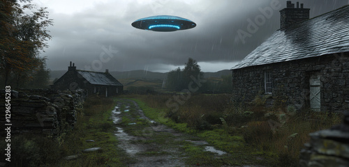 A UFO is seen flying above a remote Scottish village amid dark, stormy clouds. The rural setting features old stone houses and a winding path, creating an eerie atmosphere