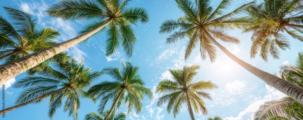 Lush palm trees reach towards a bright blue sky, creating a serene tropical atmosphere bathed in sunlight. Lush palm trees reach towards a bright blue sky, creating a serene tropical atmosphere bathed in sunlight.