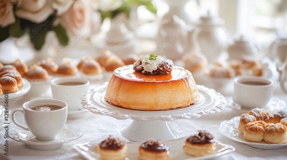 High-resolution photography of an elegant dessert table with flan as the centerpiece, surrounded by small cups of coffee and delicate pastries High-resolution photography of an elegant dessert table with flan as the centerpiece, surrounded by small cups of coffee and delicate pastries