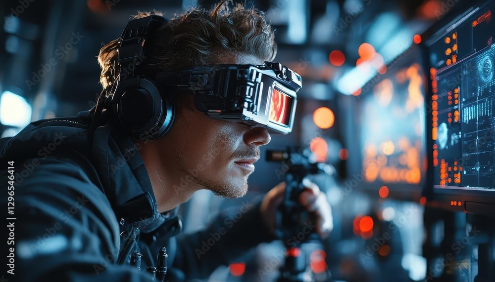 A film director using AR tools on a movie set to visualize special effects in realtime, Film and TV, Futuristic, Cool and sleek A film director using AR tools on a movie set to visualize special effects in realtime, Film and TV, Futuristic, Cool and sleek