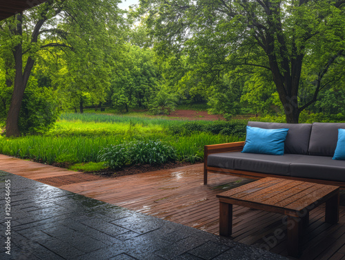 Wallpaper Mural Relaxing view from a cozy porch on a rainy day in a lush green landscape Torontodigital.ca