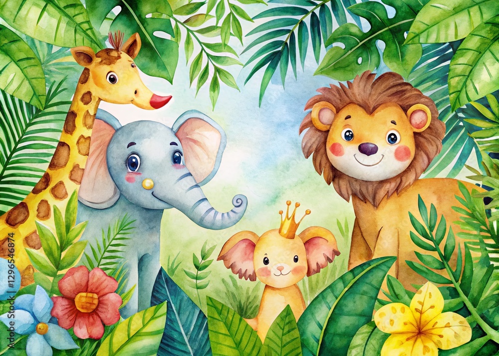 Naklejka premium Kids Watercolor Frame with Funny Animals: Elephant, Giraffe, Lion in Tropical Leaves - Perfect for Children's Menu, Party Invitation, or Announcement