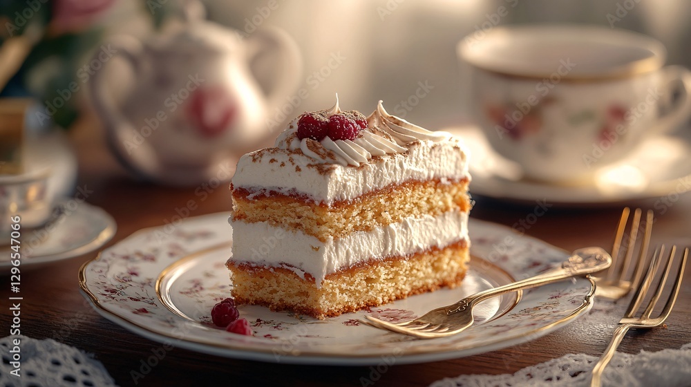 High-resolution photography of an elegant Eszterhazy Torta served on a fine china plate, with a vintage fork beside it and a cup of tea in the background