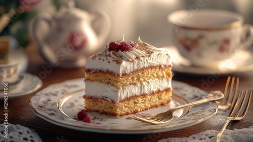 Wallpaper Mural High-resolution photography of an elegant Eszterhazy Torta served on a fine china plate, with a vintage fork beside it and a cup of tea in the background Torontodigital.ca