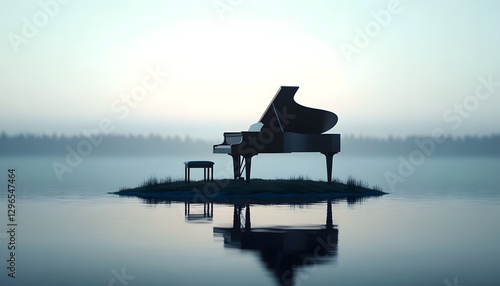 Grand piano sits on an island in a misty lake
