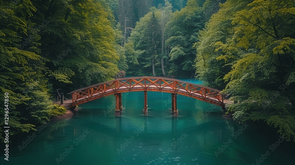 Tranquil Wooden Bridge Over Serene Green Lake Surrounded by Forest Tranquil Wooden Bridge Over Serene Green Lake Surrounded by Forest