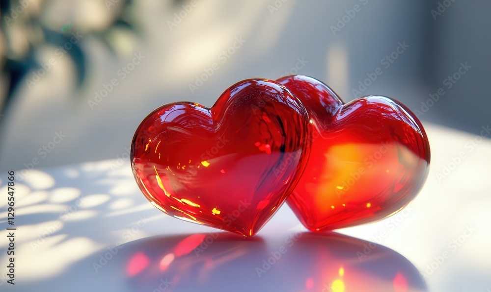 Adorable pair of glowing red glass hearts placed on a clean white surface illuminated by soft natural light creating a romantic and timeless feel Adorable pair of glowing red glass hearts placed on a clean white surface illuminated by soft natural light creating a romantic and timeless feel