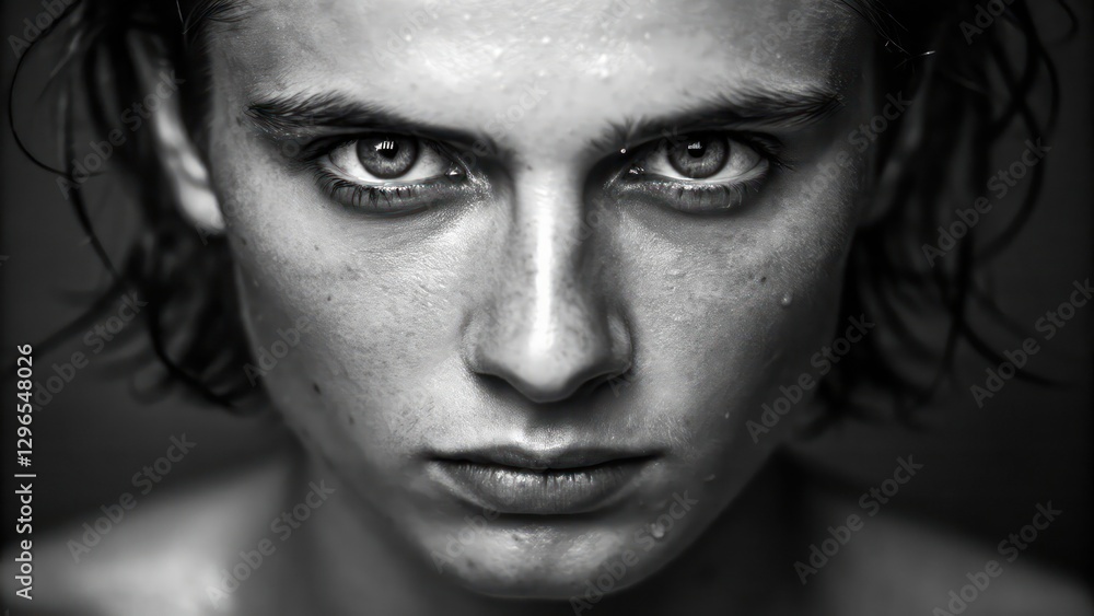 a portrait of a focused man with intense eyes staring directly at the viewer. The black and white photograph captures a sense of determination and depth a portrait of a focused man with intense eyes staring directly at the viewer. The black and white photograph captures a sense of determination and depth