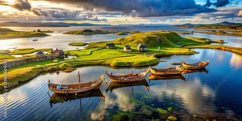 L'Anse aux Meadows Newfoundland Aerial Double Exposure Stock Photo: Viking History Meets Coastal Beauty