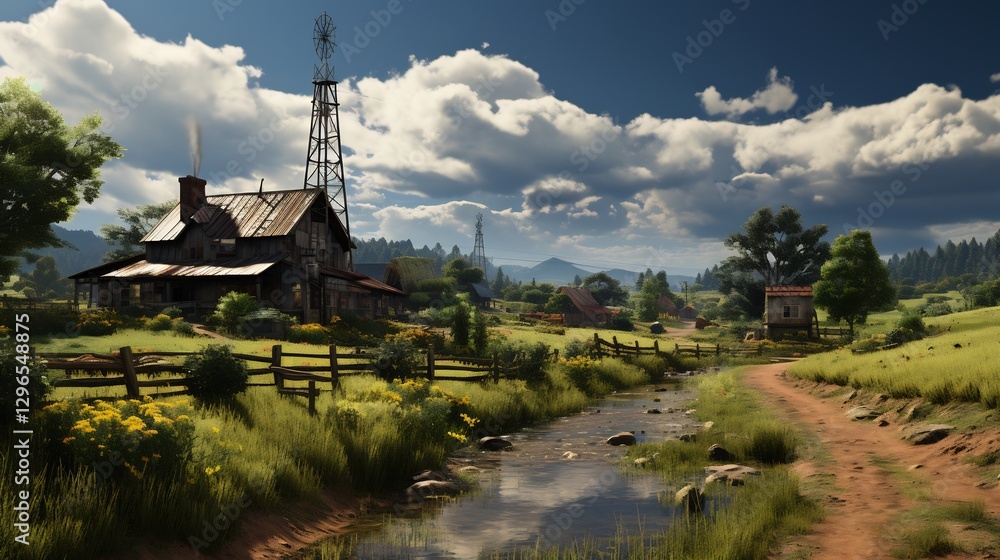 Tranquil countryside vista featuring a rustic farm with rural architecture Tranquil countryside vista featuring a rustic farm with rural architecture
