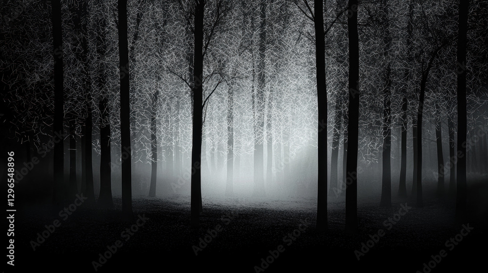 Obraz premium A dark, misty forest scene where silhouettes of trees create an eerie atmosphere, inviting a sense of mystery and intrigue.