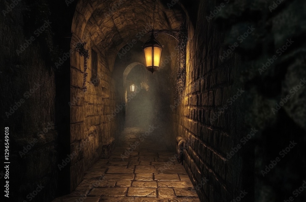 Fototapeta premium Mysterious Stone Corridor with Lanterns and Fog in Dark Atmosphere