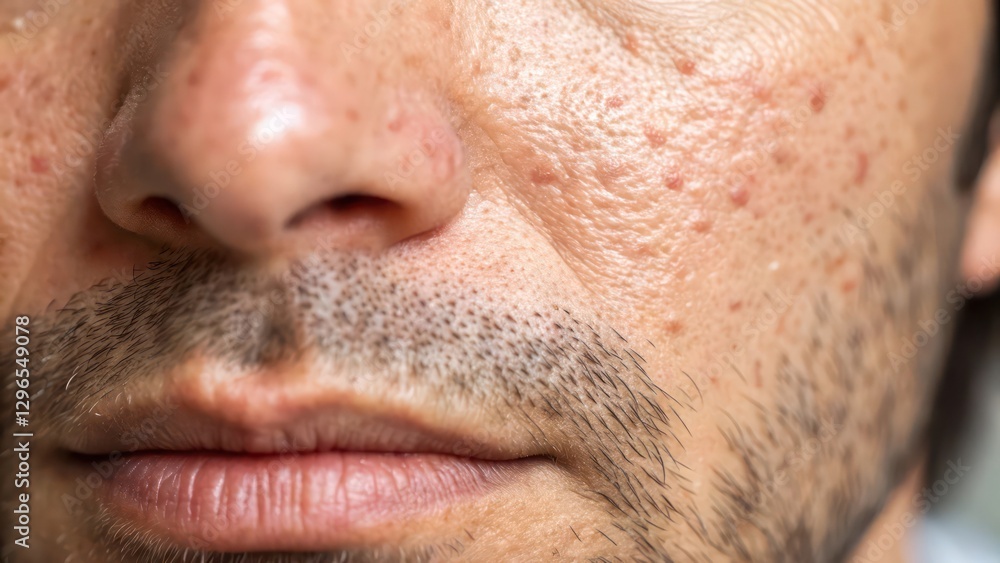 Close-up of a man's face with acne scars. The image shows the texture of the skin and the impact of acne scarring on the face. The scars are prominent. Close-up of a man's face with acne scars. The image shows the texture of the skin and the impact of acne scarring on the face. The scars are prominent.