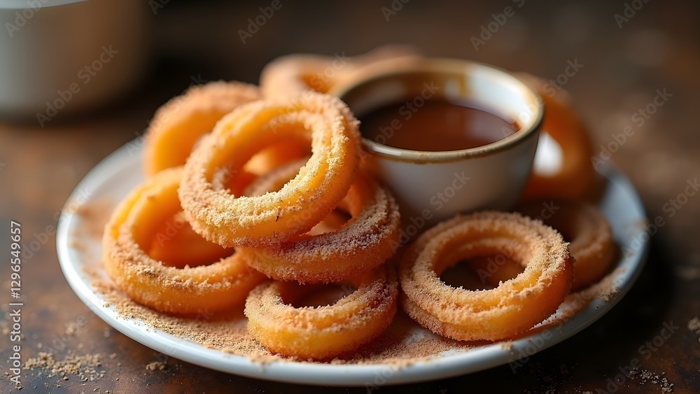 A plate of golden churros dusted with cinnamon sugar served with a cup of thick chocolate sauce. A plate of golden churros dusted with cinnamon sugar served with a cup of thick chocolate sauce.