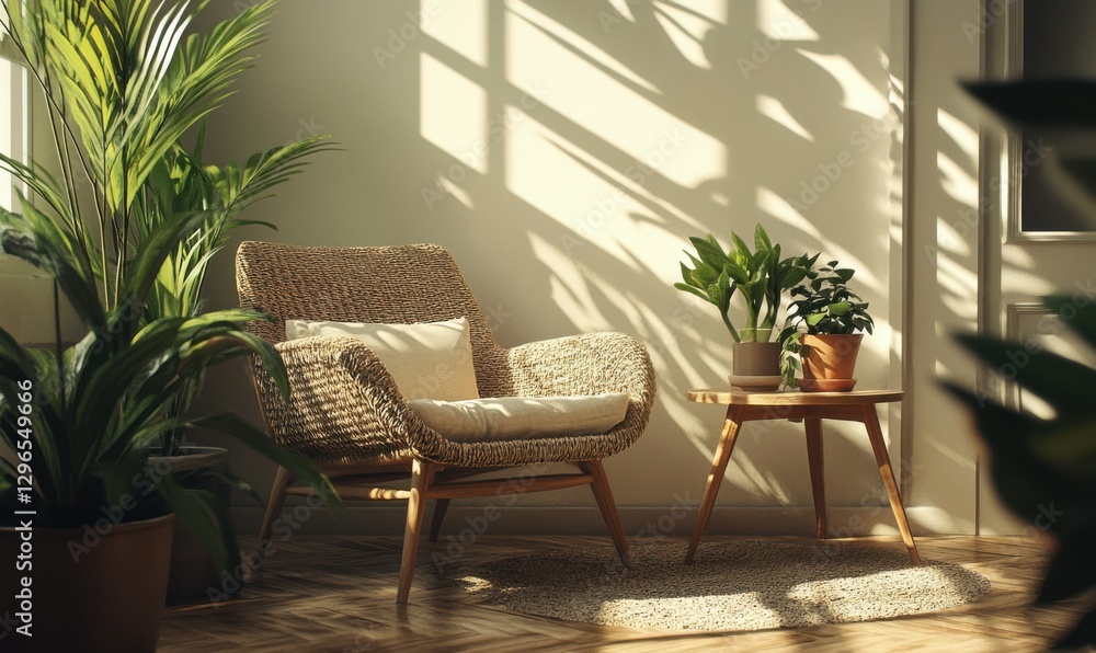 Fototapeta premium Cozy corner with a woven armchair, a small wooden table, and potted plants, basking in warm natural light.