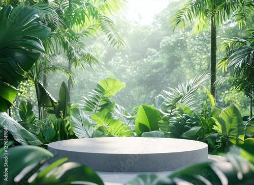 3D rendering of a marble podium with tropical leaves on a green and beige background for product presentation, mock-up design template, empty space for text